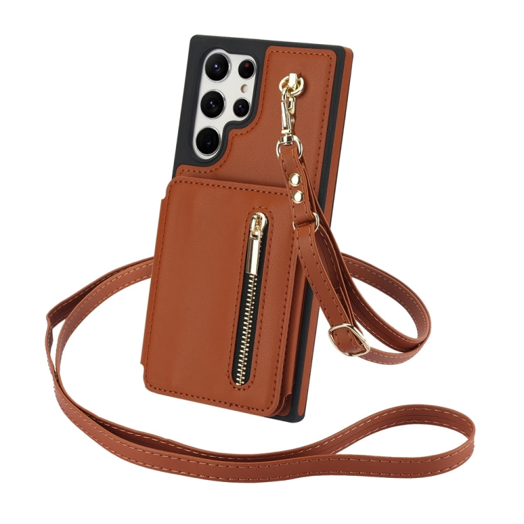 For Samsung Galaxy S24 Ultra 5G YM006 Skin Feel Zipper Card Bag Phone Case with Dual Lanyard(Brown)