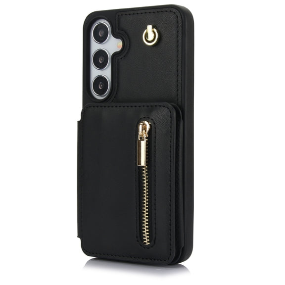 For Samsung Galaxy S24+ 5G YM006 Skin Feel Zipper Card Bag Phone Case with Dual Lanyard(Black)