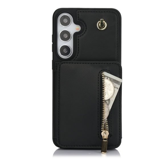 For Samsung Galaxy S24+ 5G YM006 Skin Feel Zipper Card Bag Phone Case with Dual Lanyard(Black)