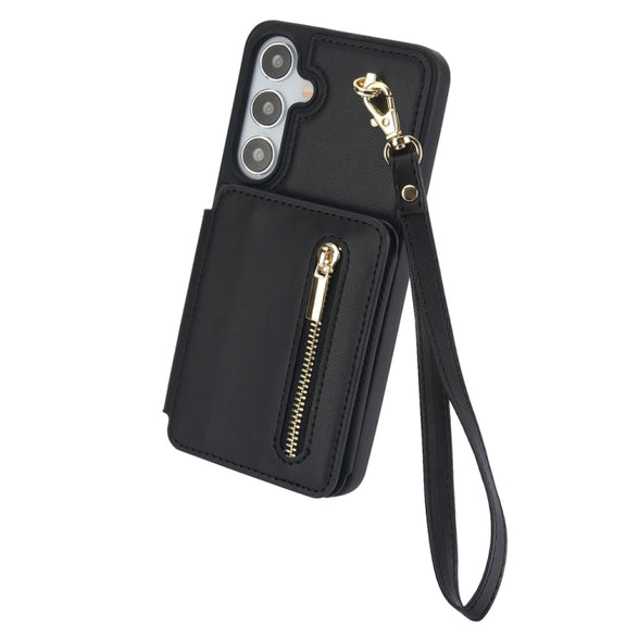 For Samsung Galaxy S24+ 5G YM006 Skin Feel Zipper Card Bag Phone Case with Dual Lanyard(Black)