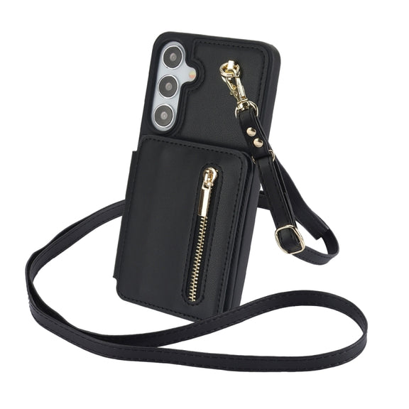 For Samsung Galaxy S24+ 5G YM006 Skin Feel Zipper Card Bag Phone Case with Dual Lanyard(Black)