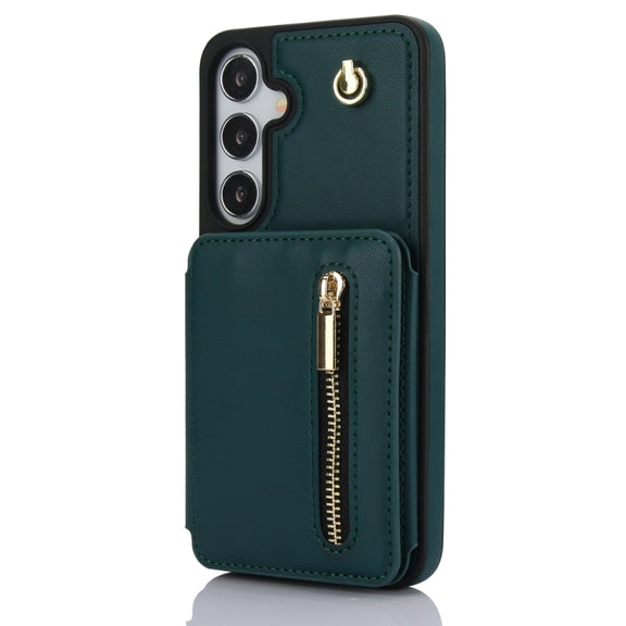 For Samsung Galaxy S24+ 5G YM006 Skin Feel Zipper Card Bag Phone Case with Dual Lanyard(Green)