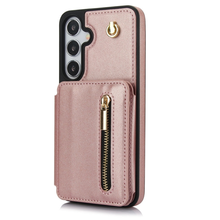 For Samsung Galaxy S24+ 5G YM006 Skin Feel Zipper Card Bag Phone Case with Dual Lanyard(Rose Gold)