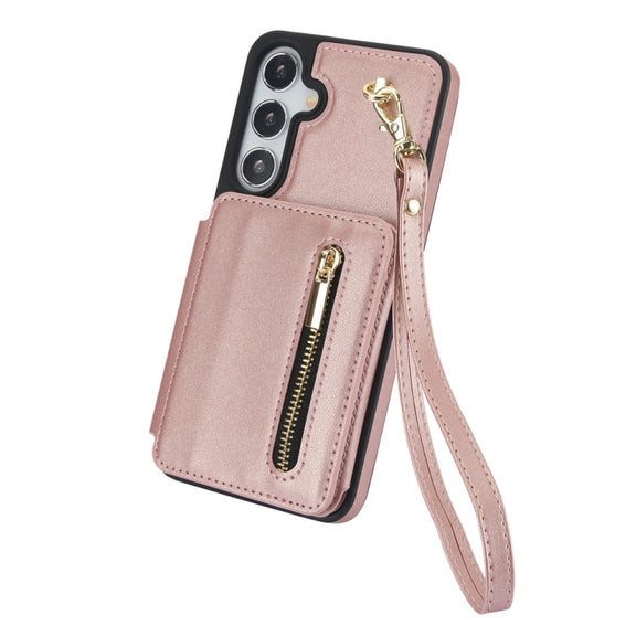 For Samsung Galaxy S24+ 5G YM006 Skin Feel Zipper Card Bag Phone Case with Dual Lanyard(Rose Gold)