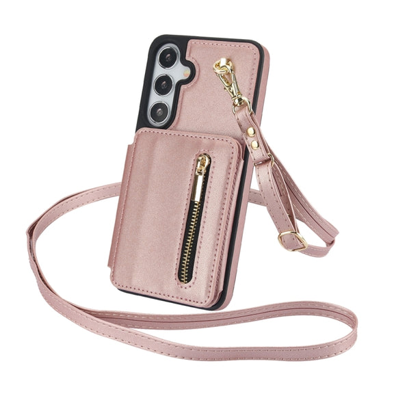For Samsung Galaxy S24+ 5G YM006 Skin Feel Zipper Card Bag Phone Case with Dual Lanyard(Rose Gold)