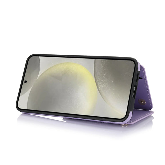 For Samsung Galaxy S24+ 5G YM006 Skin Feel Zipper Card Bag Phone Case with Dual Lanyard(Light Purple)