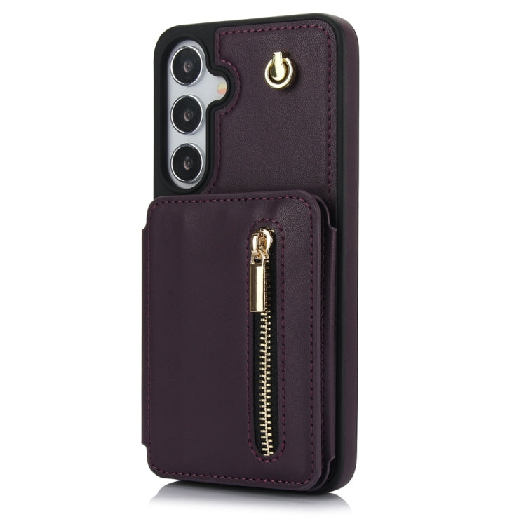 For Samsung Galaxy S24+ 5G YM006 Skin Feel Zipper Card Bag Phone Case with Dual Lanyard(Dark Purple)