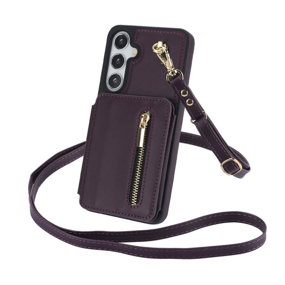 For Samsung Galaxy S24+ 5G YM006 Skin Feel Zipper Card Bag Phone Case with Dual Lanyard(Dark Purple)
