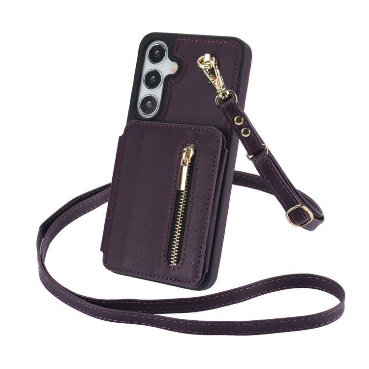 For Samsung Galaxy S24+ 5G YM006 Skin Feel Zipper Card Bag Phone Case with Dual Lanyard(Dark Purple)