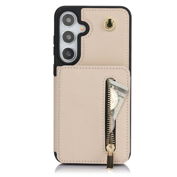 For Samsung Galaxy S24+ 5G YM006 Skin Feel Zipper Card Bag Phone Case with Dual Lanyard(Apricot)