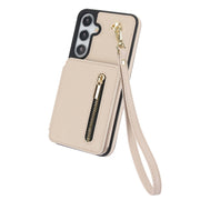 For Samsung Galaxy S24+ 5G YM006 Skin Feel Zipper Card Bag Phone Case with Dual Lanyard(Apricot)