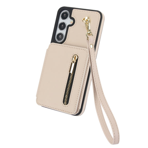 For Samsung Galaxy S24+ 5G YM006 Skin Feel Zipper Card Bag Phone Case with Dual Lanyard(Apricot)