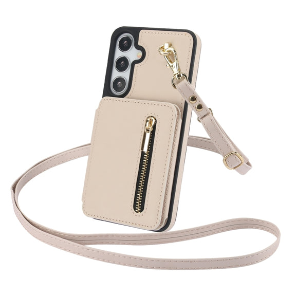 For Samsung Galaxy S24+ 5G YM006 Skin Feel Zipper Card Bag Phone Case with Dual Lanyard(Apricot)