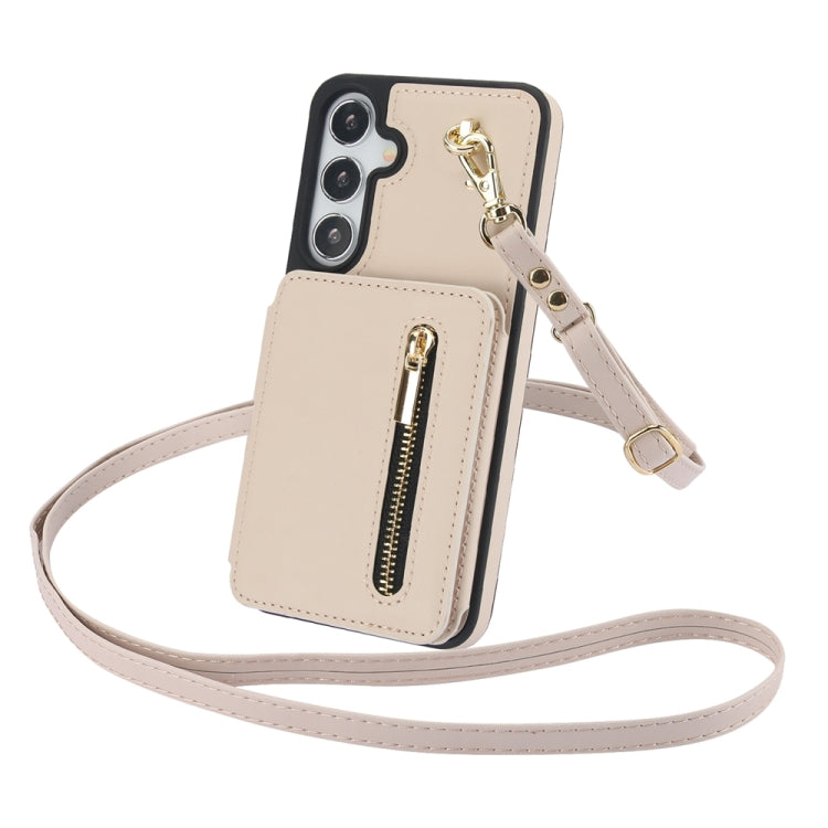 For Samsung Galaxy S24+ 5G YM006 Skin Feel Zipper Card Bag Phone Case with Dual Lanyard(Apricot)