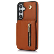 For Samsung Galaxy S24+ 5G YM006 Skin Feel Zipper Card Bag Phone Case with Dual Lanyard(Brown)