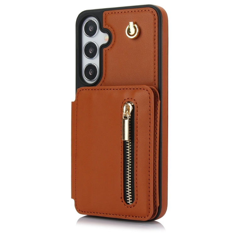 For Samsung Galaxy S24+ 5G YM006 Skin Feel Zipper Card Bag Phone Case with Dual Lanyard(Brown)