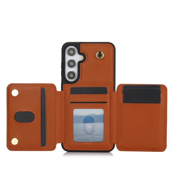 For Samsung Galaxy S24+ 5G YM006 Skin Feel Zipper Card Bag Phone Case with Dual Lanyard(Brown)