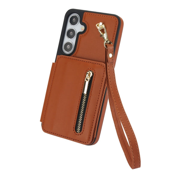 For Samsung Galaxy S24+ 5G YM006 Skin Feel Zipper Card Bag Phone Case with Dual Lanyard(Brown)