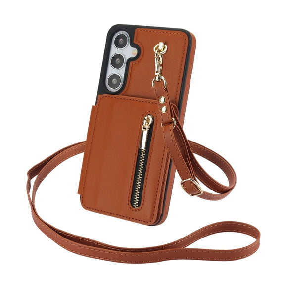 For Samsung Galaxy S24+ 5G YM006 Skin Feel Zipper Card Bag Phone Case with Dual Lanyard(Brown)