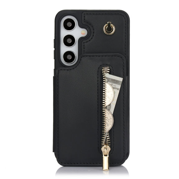 For Samsung Galaxy S24 5G YM006 Skin Feel Zipper Card Bag Phone Case with Dual Lanyard(Black)