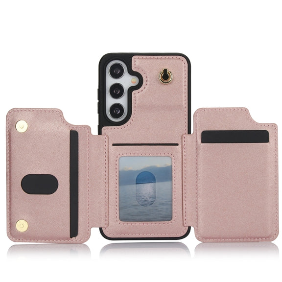 For Samsung Galaxy S24 5G YM006 Skin Feel Zipper Card Bag Phone Case with Dual Lanyard(Rose Gold)