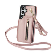 For Samsung Galaxy S24 5G YM006 Skin Feel Zipper Card Bag Phone Case with Dual Lanyard(Rose Gold)