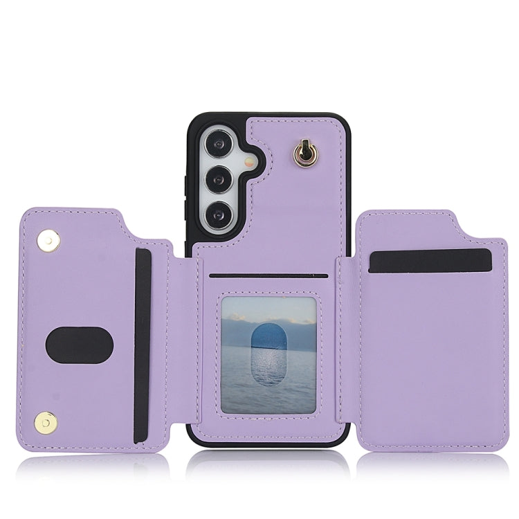 For Samsung Galaxy S24 5G YM006 Skin Feel Zipper Card Bag Phone Case with Dual Lanyard(Light Purple)