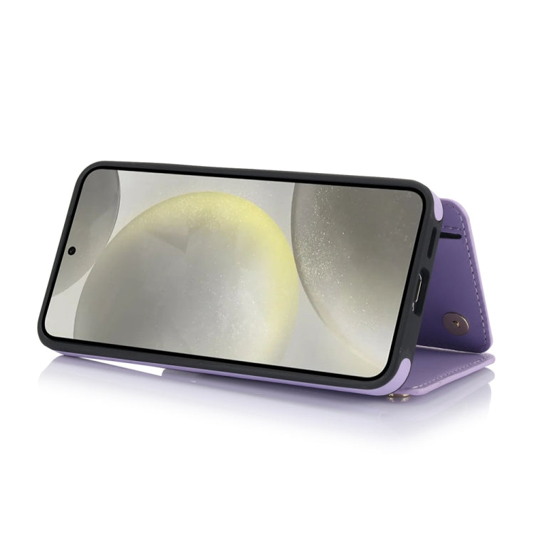For Samsung Galaxy S24 5G YM006 Skin Feel Zipper Card Bag Phone Case with Dual Lanyard(Light Purple)