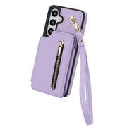 For Samsung Galaxy S24 5G YM006 Skin Feel Zipper Card Bag Phone Case with Dual Lanyard(Light Purple)