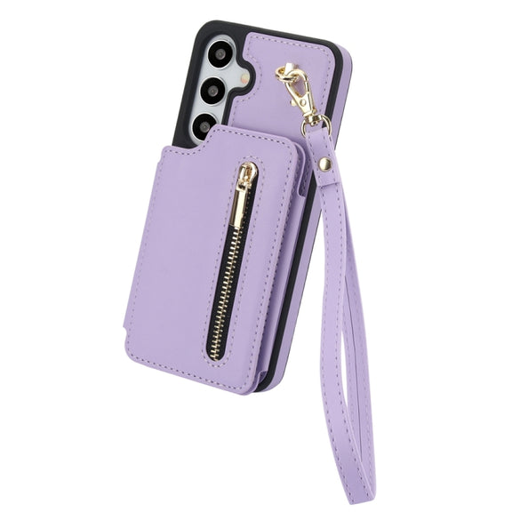 For Samsung Galaxy S24 5G YM006 Skin Feel Zipper Card Bag Phone Case with Dual Lanyard(Light Purple)