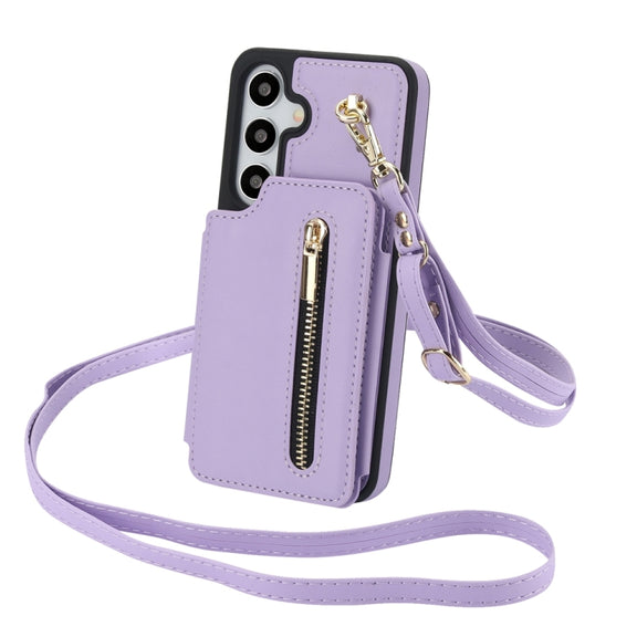 For Samsung Galaxy S24 5G YM006 Skin Feel Zipper Card Bag Phone Case with Dual Lanyard(Light Purple)