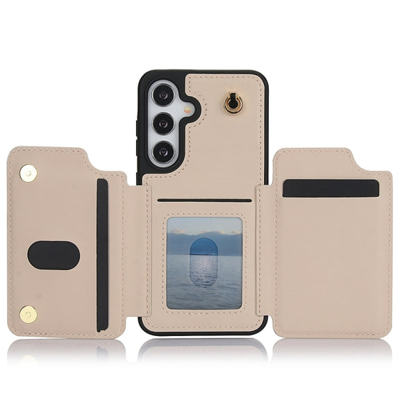 For Samsung Galaxy S24 5G YM006 Skin Feel Zipper Card Bag Phone Case with Dual Lanyard(Apricot)