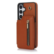 For Samsung Galaxy S24 5G YM006 Skin Feel Zipper Card Bag Phone Case with Dual Lanyard(Brown)