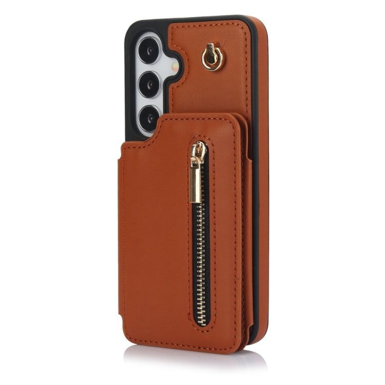 For Samsung Galaxy S24 5G YM006 Skin Feel Zipper Card Bag Phone Case with Dual Lanyard(Brown)