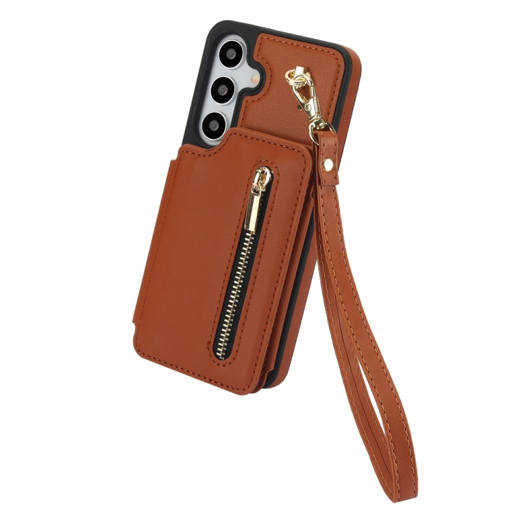 For Samsung Galaxy S24 5G YM006 Skin Feel Zipper Card Bag Phone Case with Dual Lanyard(Brown)
