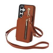For Samsung Galaxy S24 5G YM006 Skin Feel Zipper Card Bag Phone Case with Dual Lanyard(Brown)