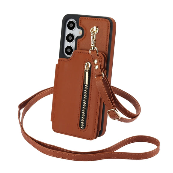 For Samsung Galaxy S24 5G YM006 Skin Feel Zipper Card Bag Phone Case with Dual Lanyard(Brown)