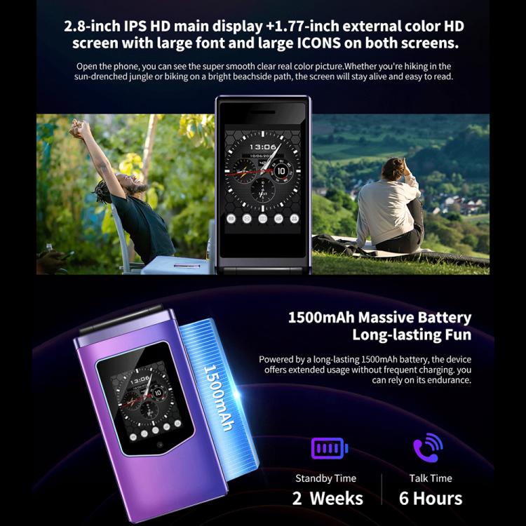 HAMTOD T8 4G Flip Phone, EU Version, 2.8 inch + 1.77 inch, VoLTE, BT, SOS, OTG(Purple) - free shipping - PMC TechLife - Order now!