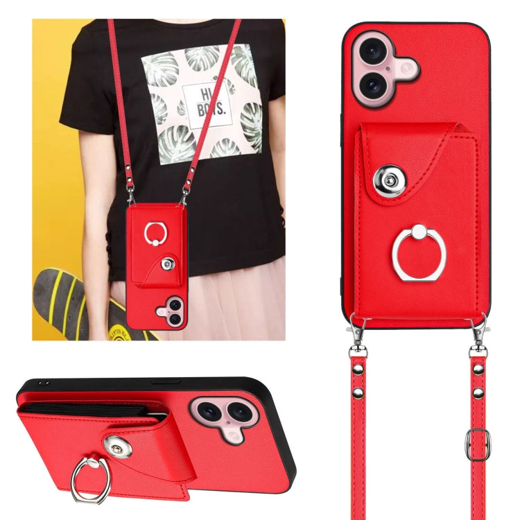 For iPhone 16 Organ Card Bag Ring Holder Phone Case with Long Lanyard(Red) - iPhone 16 Cases by PMC TechLife | Online Shopping South Africa | PMC TechLife | Buy Now Pay Later Mobicred