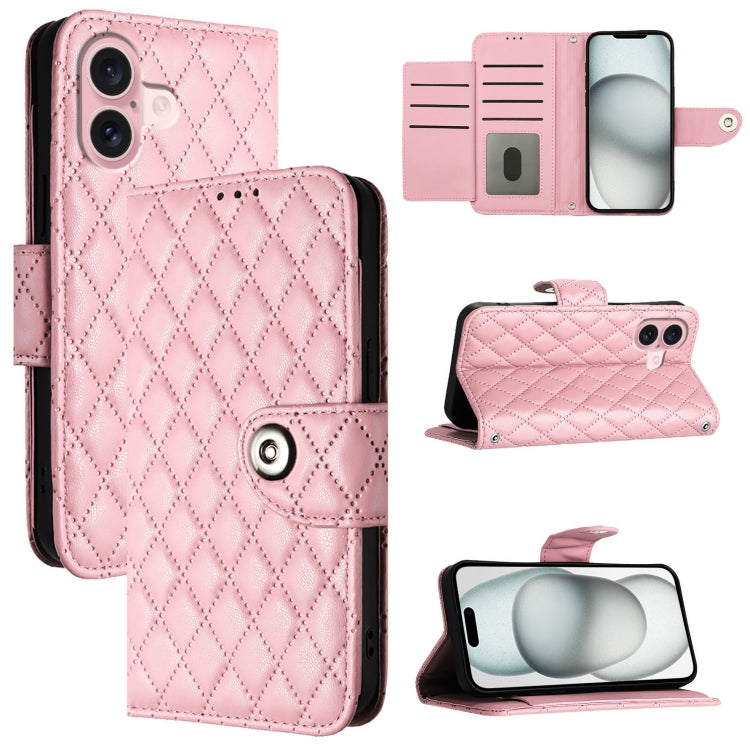 For iPhone 16 Rhombic Texture Flip Leather Phone Case with Lanyard(Pink) - iPhone 16 Cases by PMC TechLife | Online Shopping South Africa | PMC TechLife | Buy Now Pay Later Mobicred