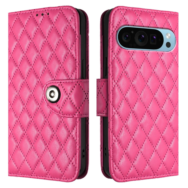 For Google Pixel 9 / Pixel 9 Pro Rhombic Texture Flip Leather Phone Case with Lanyard(Rose Red) - Google Cases by PMC TechLife | Online Shopping South Africa | PMC TechLife | Buy Now Pay Later Mobicred