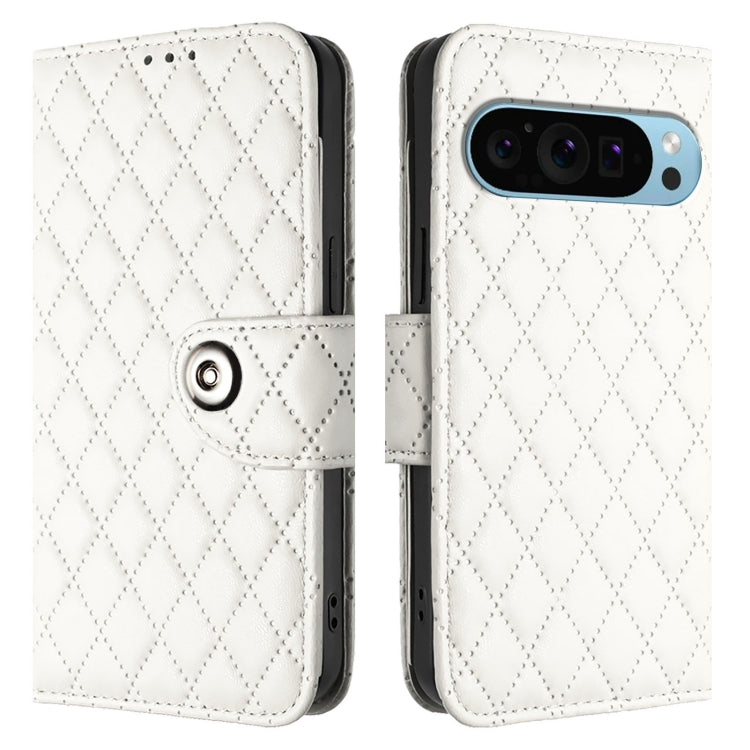 For Google Pixel 9 Pro XL Rhombic Texture Flip Leather Phone Case with Lanyard(White)