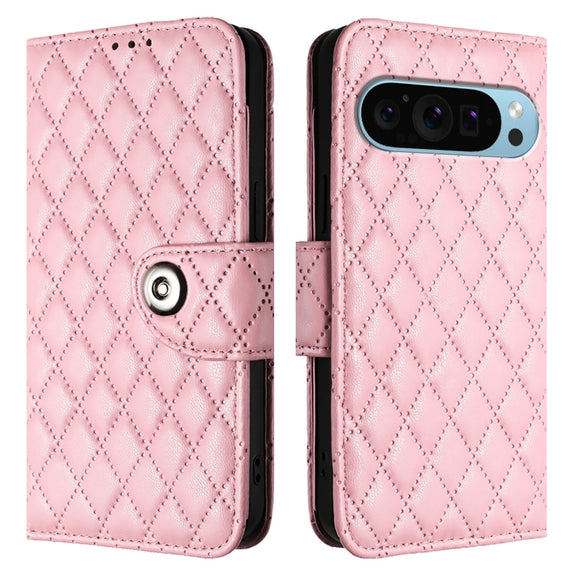 For Google Pixel 9 Pro XL Rhombic Texture Flip Leather Phone Case with Lanyard(Pink)