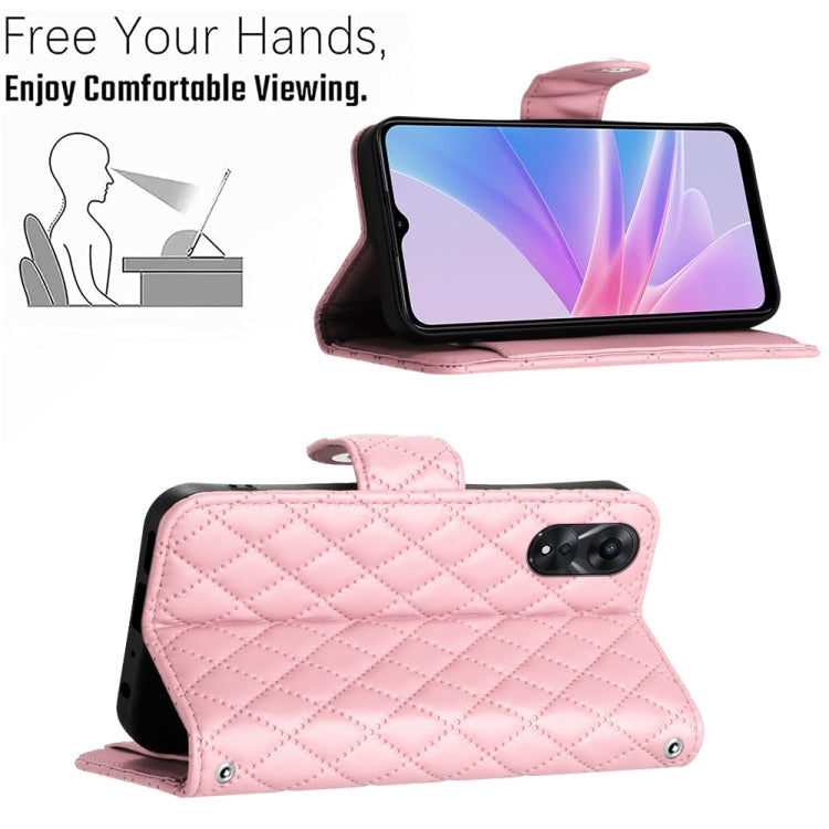 For OPPO A78 5G / A58 5G Rhombic Texture Flip Leather Phone Case with Lanyard(Pink) - OPPO Cases by PMC TechLife | Online Shopping South Africa | PMC TechLife | Buy Now Pay Later Mobicred
