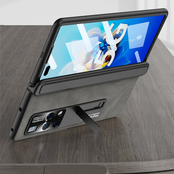 For Huawei Mate X2 GKK Integrated Frosted Leather HD Fold Hinge Phone Case with Holder(Grey)