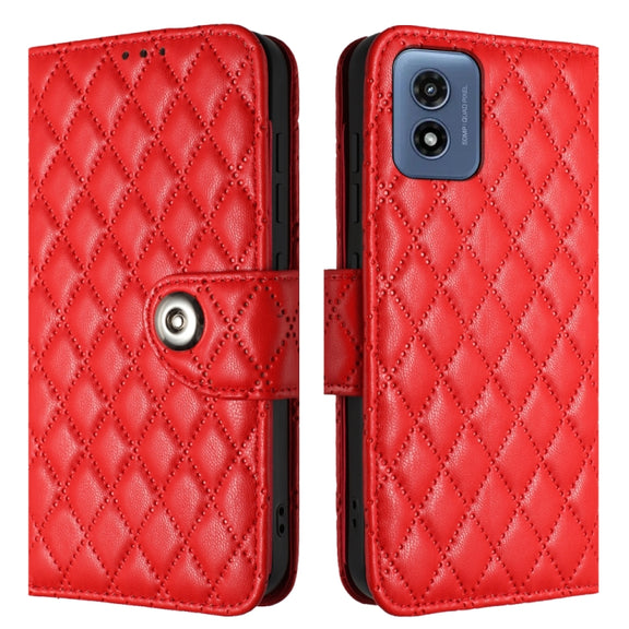 For Motorola Moto G Play 4G 2024 Rhombic Texture Flip Leather Phone Case with Lanyard(Red)