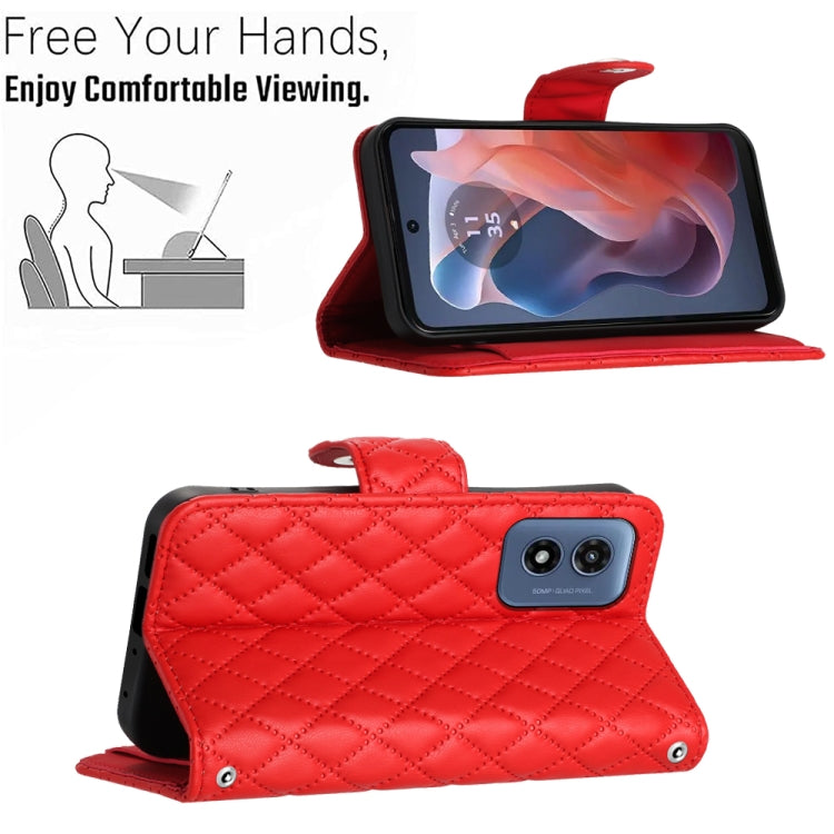 For Motorola Moto G Play 4G 2024 Rhombic Texture Flip Leather Phone Case with Lanyard(Red)