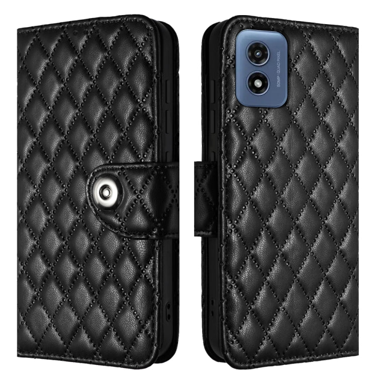 For Motorola Moto G Play 4G 2024 Rhombic Texture Flip Leather Phone Case with Lanyard(Black)