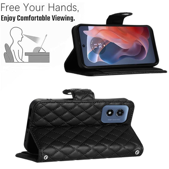 For Motorola Moto G Play 4G 2024 Rhombic Texture Flip Leather Phone Case with Lanyard(Black)