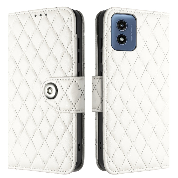 For Motorola Moto G Play 4G 2024 Rhombic Texture Flip Leather Phone Case with Lanyard(White)